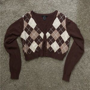 Forever 21 Brown Argyle Button Cardigan